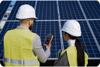 Specialisten in hernieuwbare energie evalueren de prestaties van zonnepanelen en de locatieomstandigheden bij een zonne-installatie op nutschaal.