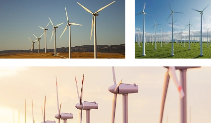 Collage die moderne windparken toont met meerdere windturbines die schone hernieuwbare energie opwekken in open landschappen.
